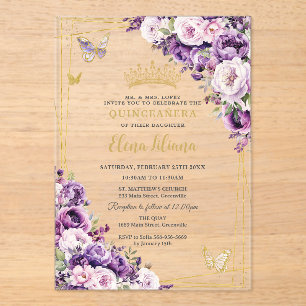 Purple Lilac Blush Floral Quinceanera Acrylic Invitations
