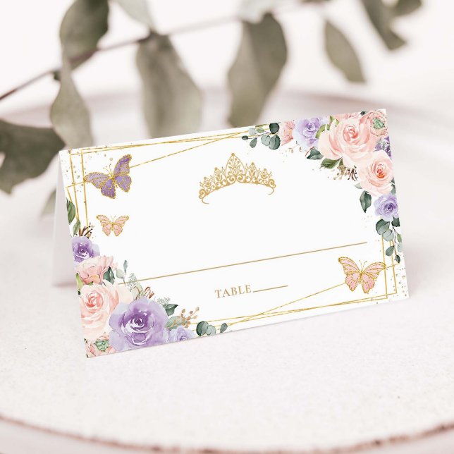 Purple Lilac Blush Floral Quinceañera XV Birthday Place Card (Creator Uploaded)