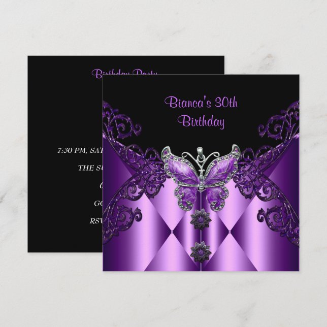 Purple Lilac Butterfly Jewel 30th Birthday Party Invitation (Front/Back)