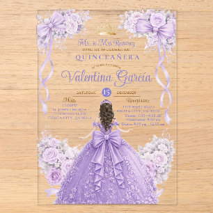 Purple Lilac Crown Gold Quinceañera Dress Birthday Acrylic Invitations