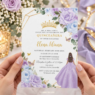 Purple Lilac Dusty Blue Floral Quinceañera XV Invitation