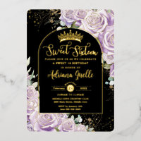 Purple Lilac Floral Black Gold Sweet 16 Birthday 