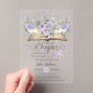 Purple Lilac Floral Book Next Chapter Bridal Acrylic Invitations
