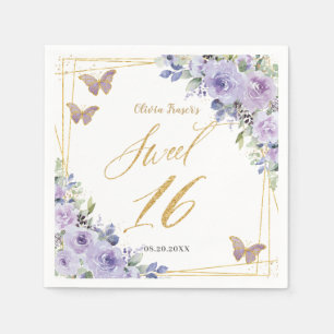 Purple Lilac Floral Butterflies Gold Sweet Sixteen Napkin