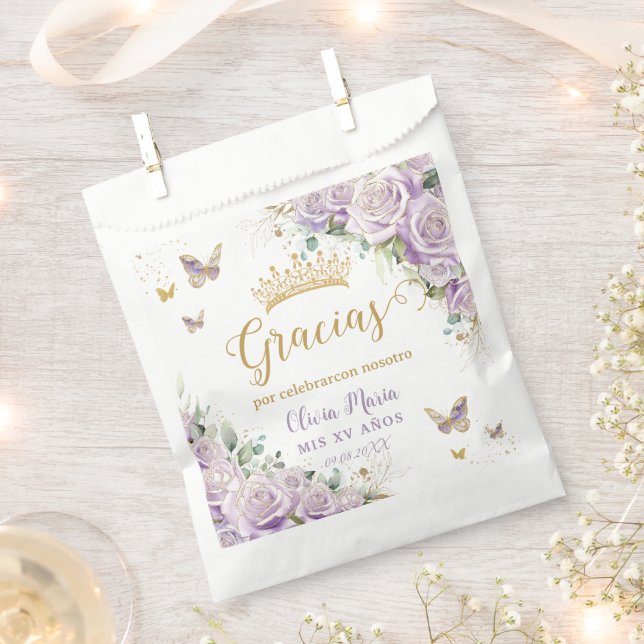Purple Lilac Floral Butterflies Quinceañera 15 16 Favour Bag (Clipped)