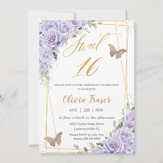 Purple Lilac Floral Butterflies Sweet 16 Sixteen  Invitation (Front)