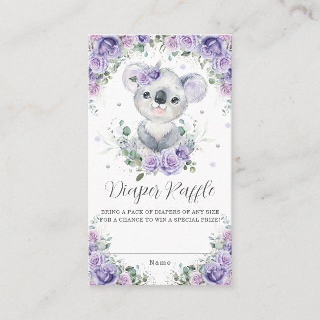 Purple Lilac Floral Cute Koala Baby Diaper Raffle Enclosure Card (Front)