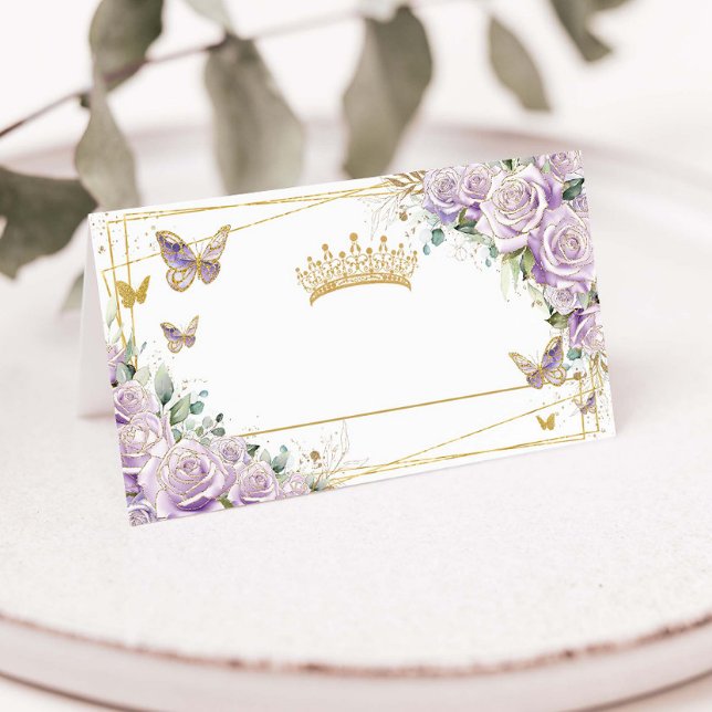 Purple Lilac Floral Gold Butterflies Quinceañera  Place Card (Creator Uploaded)