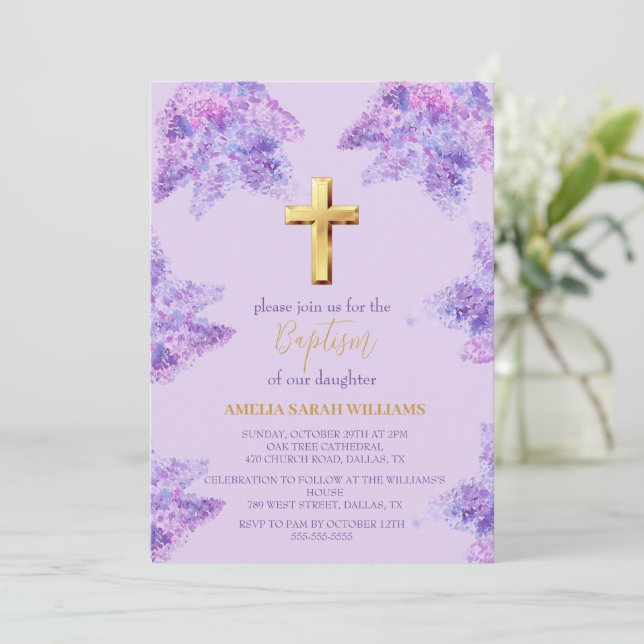 Purple Lilac Floral Gold Cross Girl Baptism  Invitation (Standing Front)