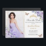 Purple Lilac Floral Gold Quinceañera Save the Date<br><div class="desc">Personalize this lovely purple lilac floral save the date magnetic card with your own wording and photograph easily and quickly. Simply click the Edit Using Design Tools button to further edit the text, wording, font style, font size, font colour, add more text, move or remove some images. The butterflies and...</div>