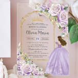 Purple Lilac Floral Gold Quinceañera Sweet 16 XV Acrylic Invitations<br><div class="desc">Personalize this elegant purple lilac floral Quinceañera / Sweet 16 birthday acrylic invitation easily and quickly. Simply click the Edit Using Design Tool button to further edit the text, change font and font colours. Featuring beautiful purple lilac, lavender roses and a girl dressed in a purple ball gown. Perfect for...</div>