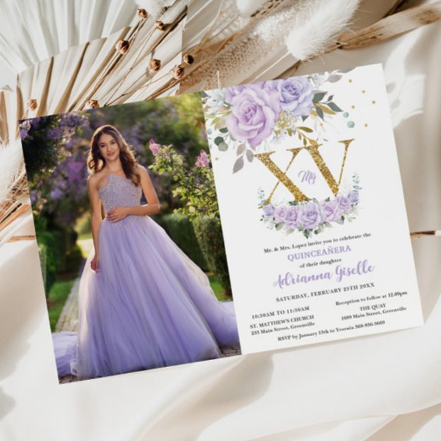 Purple Lilac Floral Gold XV Quinceañera 15 Photo Invitation (Creator Uploaded)