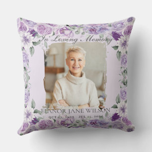 Purple Lilac Floral Photo Funeral in Loving Memory Throw Pillow