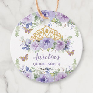 Purple Lilac Floral Quinceañera Crown Butterflies Favour Tags