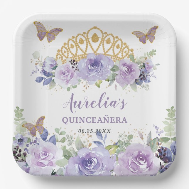 Purple Lilac Floral Quinceañera Crown Butterflies  Paper Plate (Front)