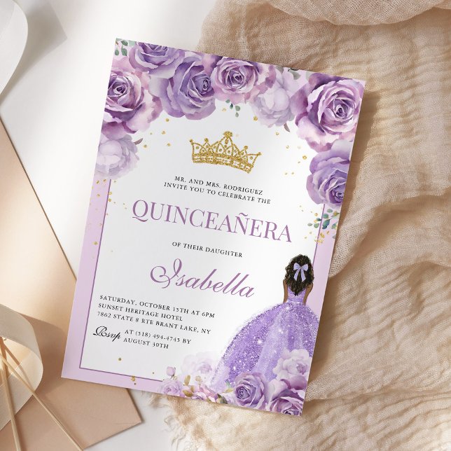 Purple Lilac Floral Quinceanera Gold Princess Invitation (Creator Uploaded)