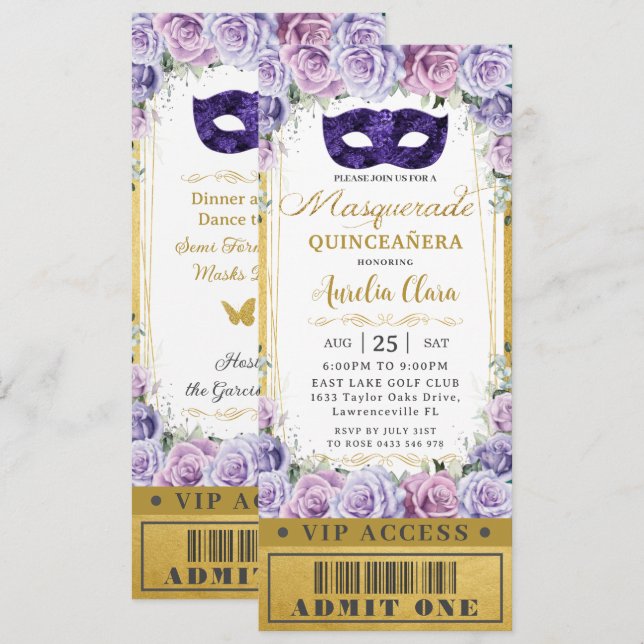 Purple Lilac Floral Quinceañera Masquerade Ticket  Invitation (Front/Back)