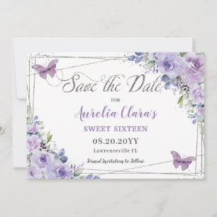 Purple Lilac Floral Quinceañera Sweet Sixteen Save The Date