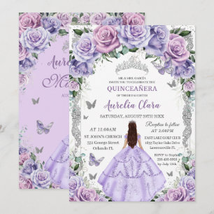Purple Lilac Floral Silver Princess Quinceanera Invitation