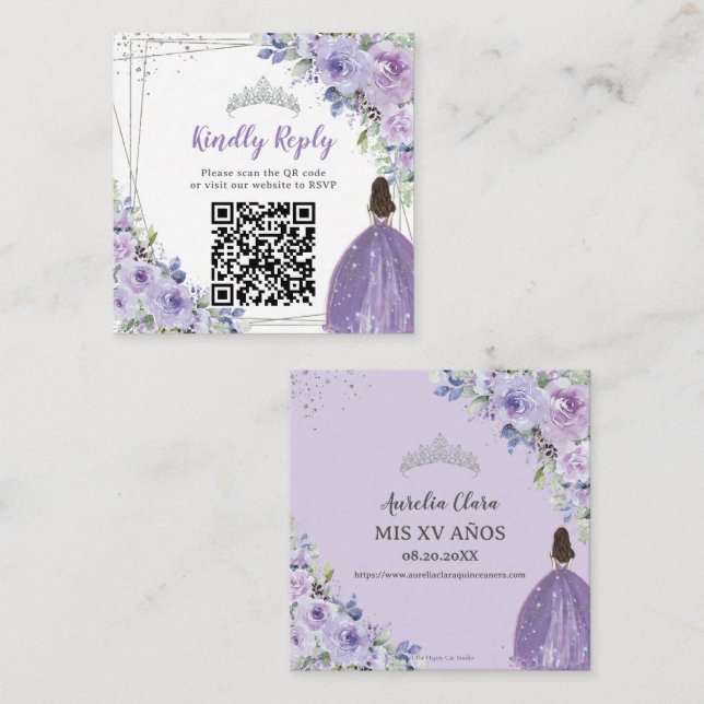 Purple Lilac Floral Silver Quinceañera QR Code Enclosure Card (Front/Back)