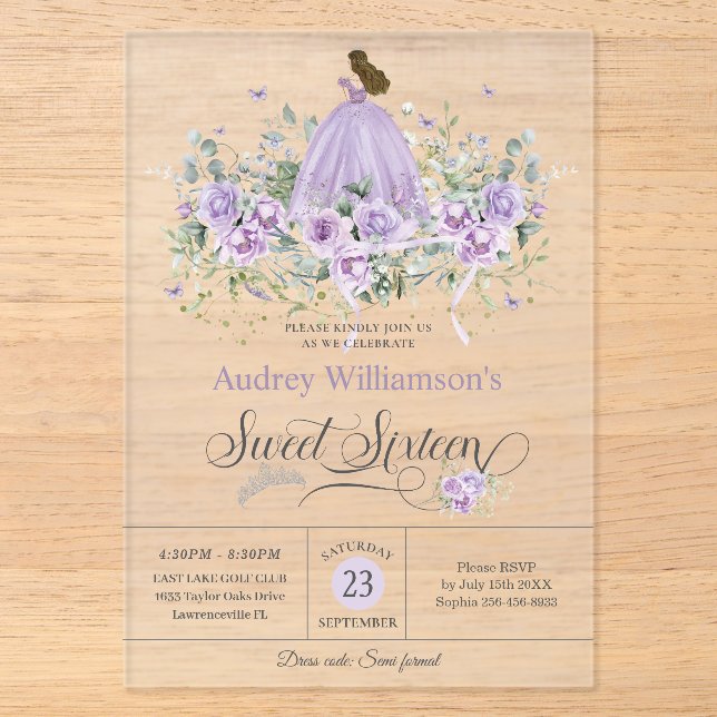 Purple Lilac Floral Sweet Sixteen 16th Birthday Acrylic Invitations (Front)