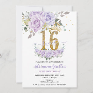 Purple Lilac Floral Sweet Sixteen 16th Birthday Invitation