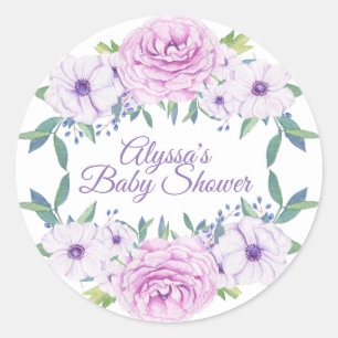 Purple Lilac Floral White Baby Shower Sticker