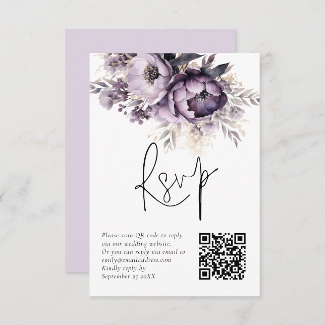Purple Lilac Florals QR Code Wedding RSVP Card (Front/Back)