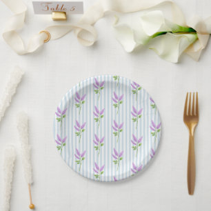 Purple Lilac Flower Custom Wedding Blue Stripe Paper Plate