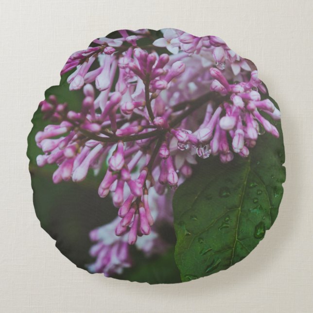 Purple lilac flowers after rain round pillow (Front)