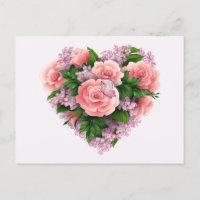 Purple Lilac Flowers and Pink Roses Floral Heart