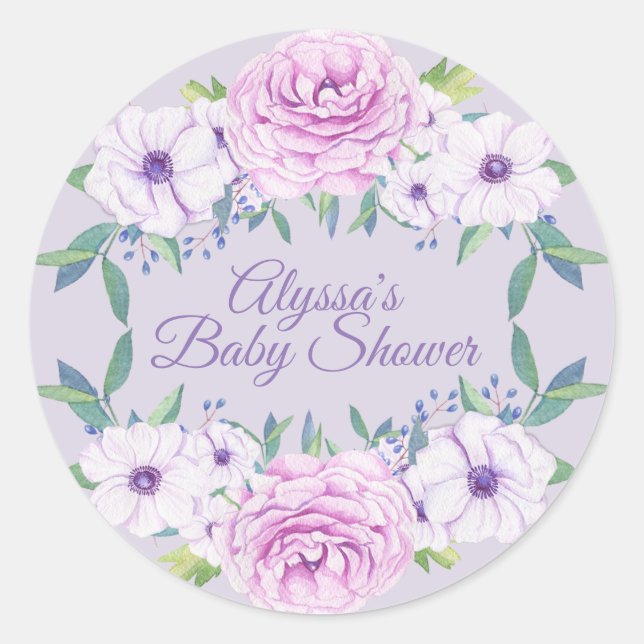 Purple Lilac Flowers Baby Shower Sticker (Front)