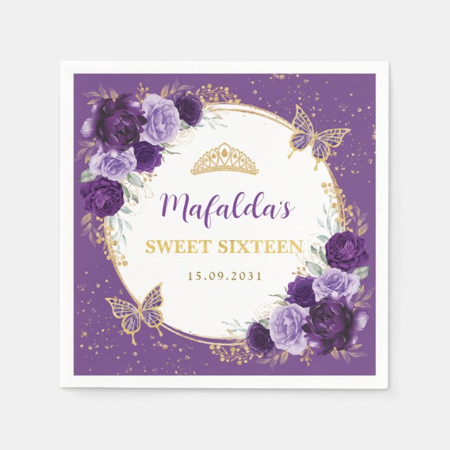 Purple Lilac Gold Floral Sweet 16 Birthday Napkin (Front)
