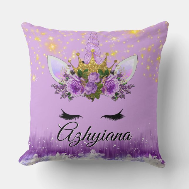 Purple|Lilac & Gold Glitter |Floral Crown Unicorn Throw Pillow (Front)