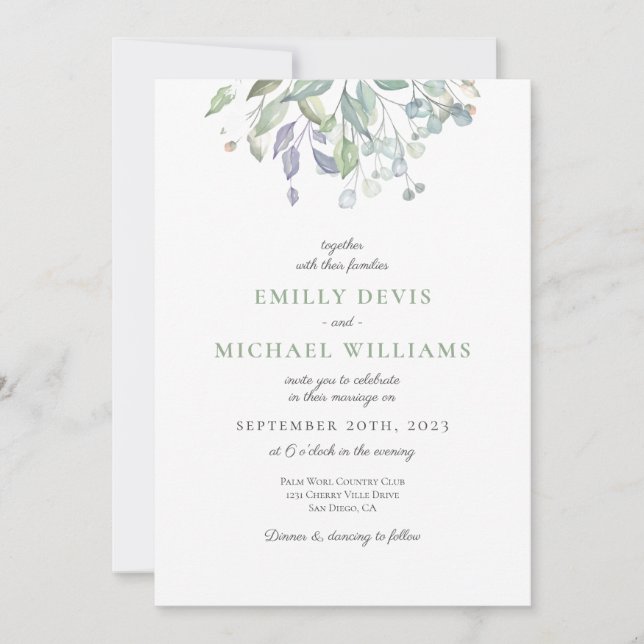 Purple Lilac Greenery Wedding Invitation (Front)