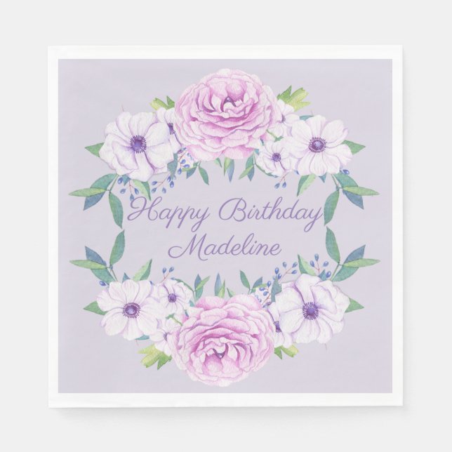Purple Lilac Lavender Floral Personalized Birthday Napkin (Front)