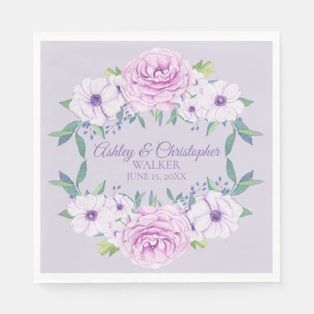 Purple Lilac Lavender Floral Personalized Wedding Napkin (Front)