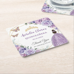 Purple Lilac Lavender Floral Quinceañera Princess Square Paper Coaster
