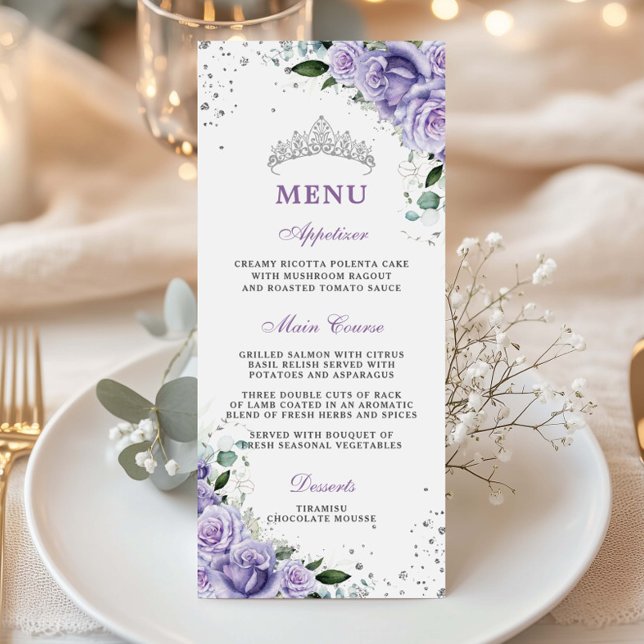 Purple Lilac Lavender Floral Quinceañera XV Menu (purple-lilac-lavender-roses-flowers-floral-silver-crown-quinceanera-quince-xv-15-sweet-16-menu-card)