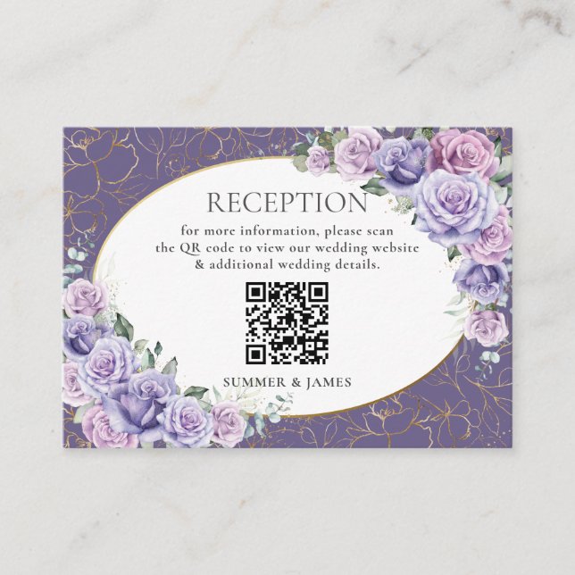 Purple Lilac Lavender Floral Wedding Reception QR  Enclosure Card (Front)