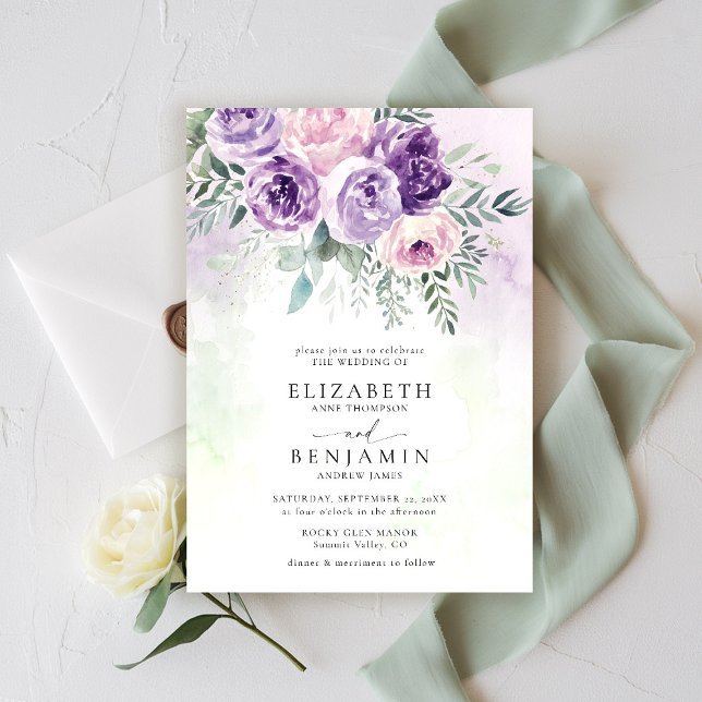 Purple Lilac Lavender Romantic Chic Floral Wedding Invitation (purple lavender lilac wedding invitation watercolor floral garden romantic rustic elegant )