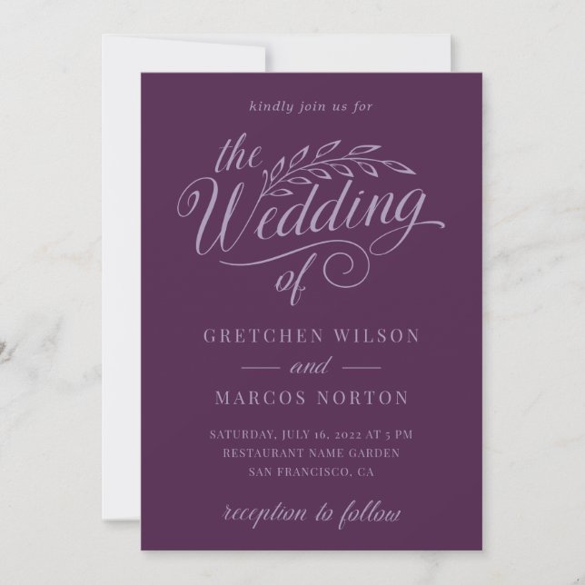 Purple Lilac Modern Elegant Calligraphy Wedding  Invitation (Front)