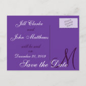 Purple Lilac Names Initials Save the Date Postcard (Back)