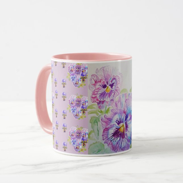 Purple Lilac Pansies mauve Watercolor Painting Mug (Front Left)