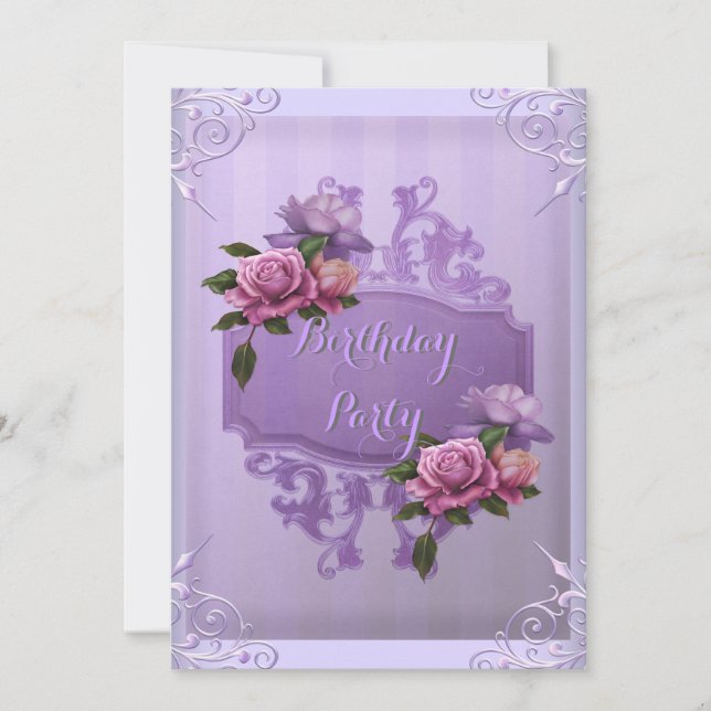 Purple Lilac Rose Stripe Birthday Party Invitation (Front)