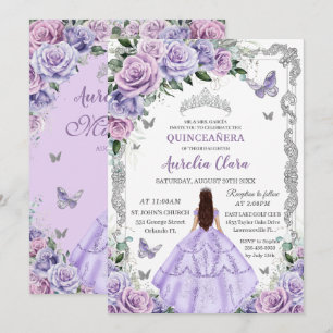 Purple Lilac Roses Butterfly Princess Quinceanera Invitation