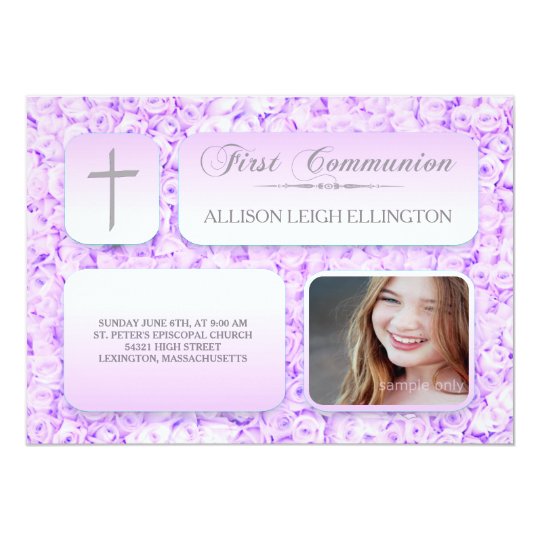 Purple Lilac Roses FIrst Communion Custom Photo Card
