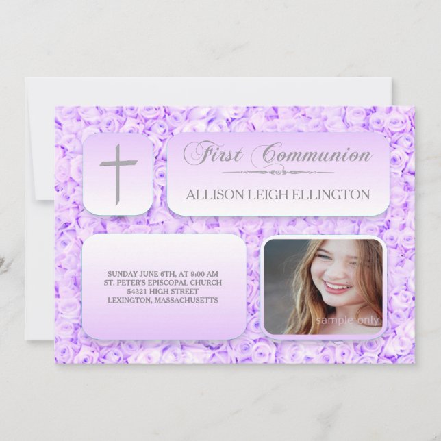 Purple Lilac Roses FIrst Communion Custom Photo Invitation (Front)
