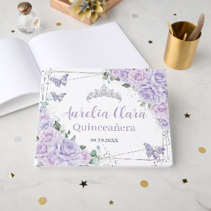 Purple Lilac Roses Floral Butterflies Quinceanera Guest Book