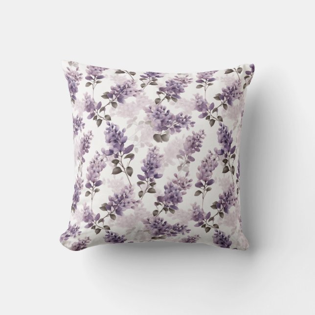 Purple Lilac Watercolor Floral Throw Pillow (Front)